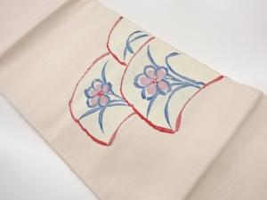 岡文織物製　変わり青海波に花葉模様織出し名古屋帯